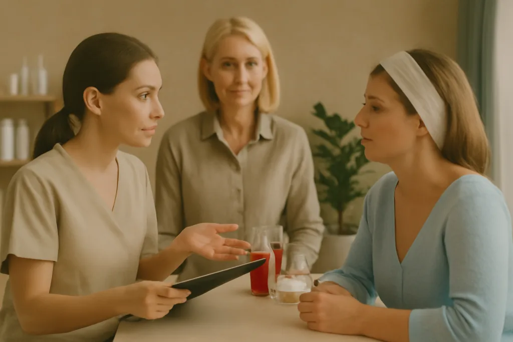 kosmetolog i klient obsuzhdayut protsedury konsul'tiruyutsya